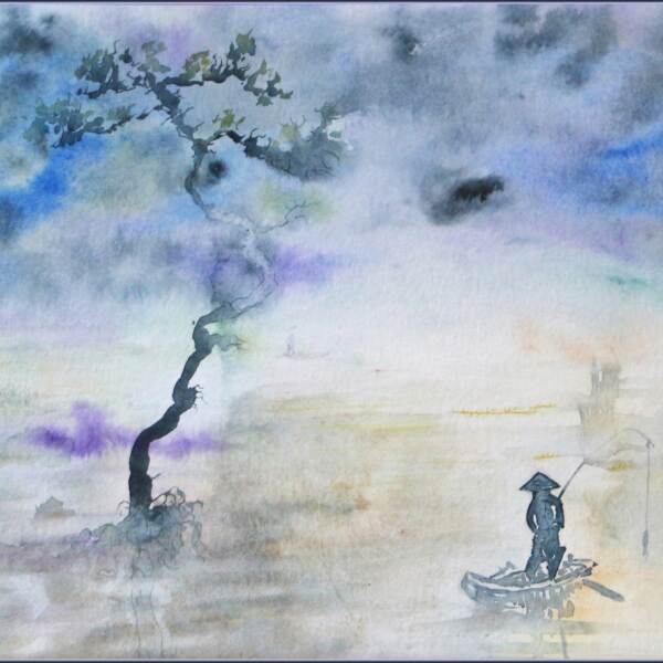 Brume，ArbreetPêcheur。让·皮埃尔·迈尔斯（Jean-Pierre Milesi）的薄雾，树木和渔夫绘画水彩画